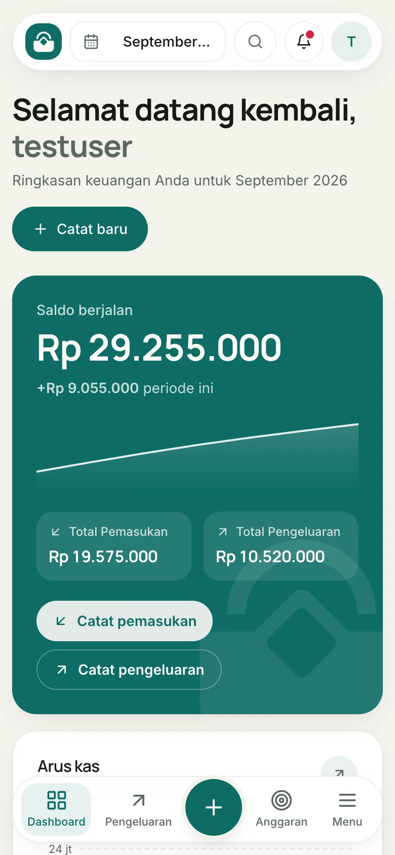 Dashboard Vaulty di ponsel: ringkasan saldo dan transaksi terbaru